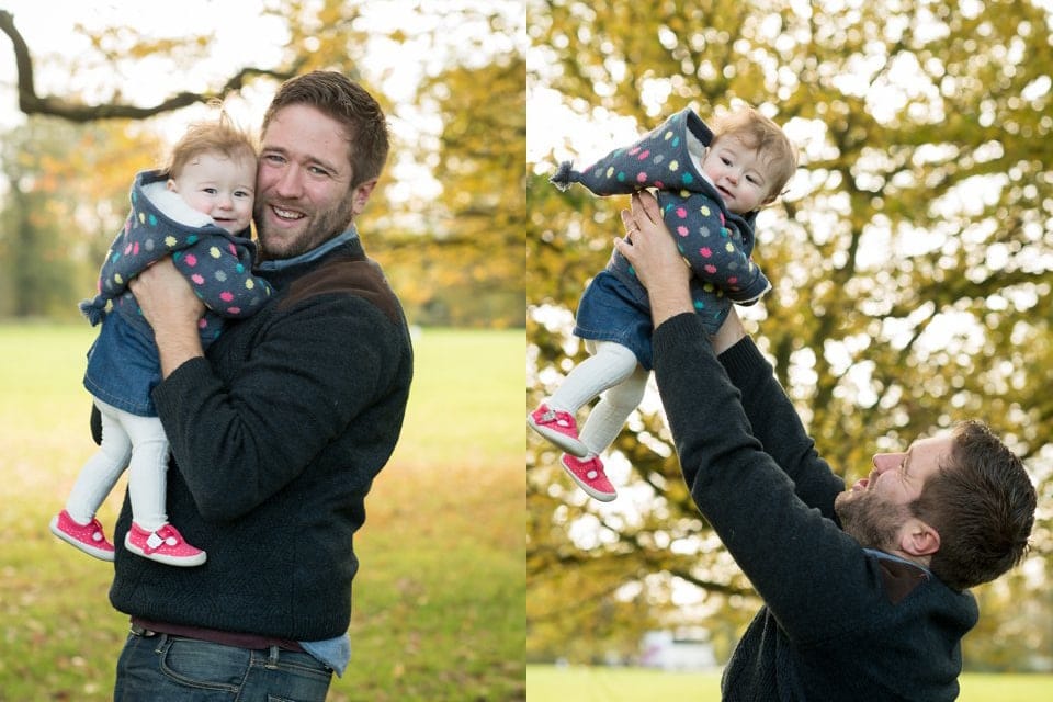 happy dad throws smiling daughter during photoshoot