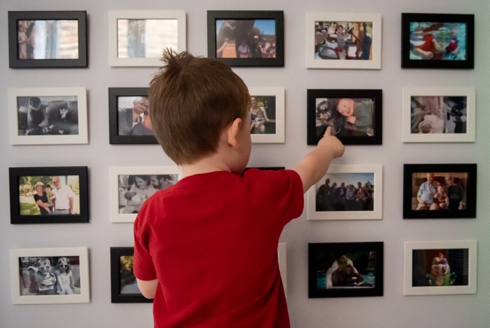 child looking at family photos
