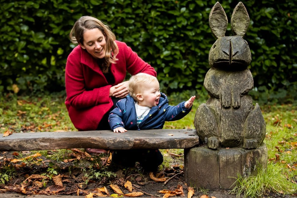 mum and son on rabbit bench