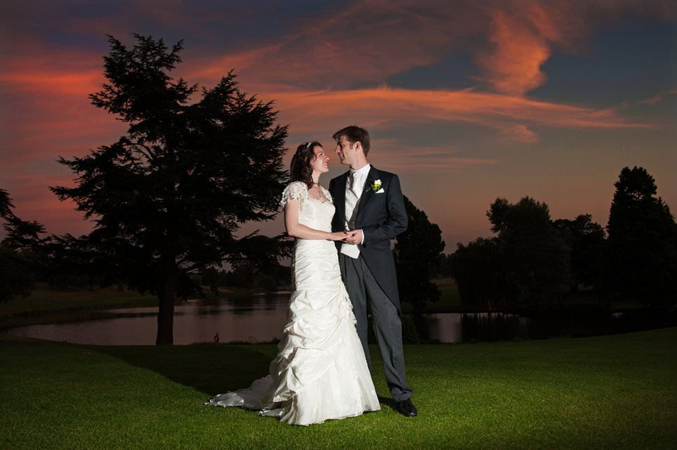 sunset wedding photo at brocket hall