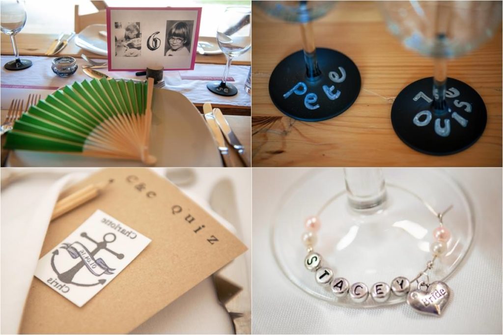 Wedding favour ideas like wine charms, fans and tattoos