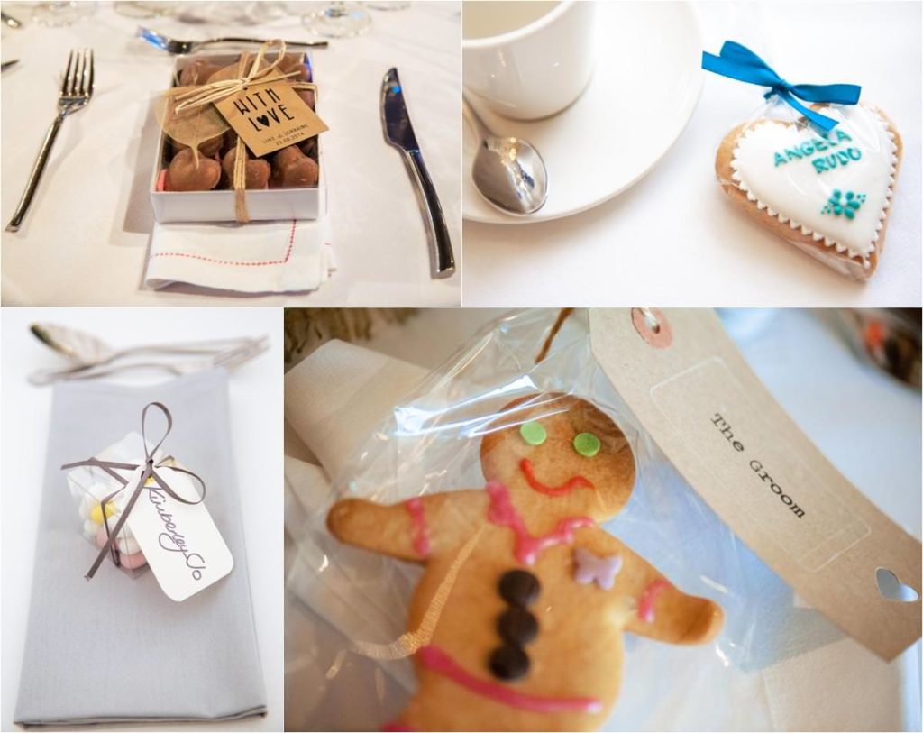 Edible wedding favours like gingerbread men, sugared almonds, chocolates and iced biscuits
