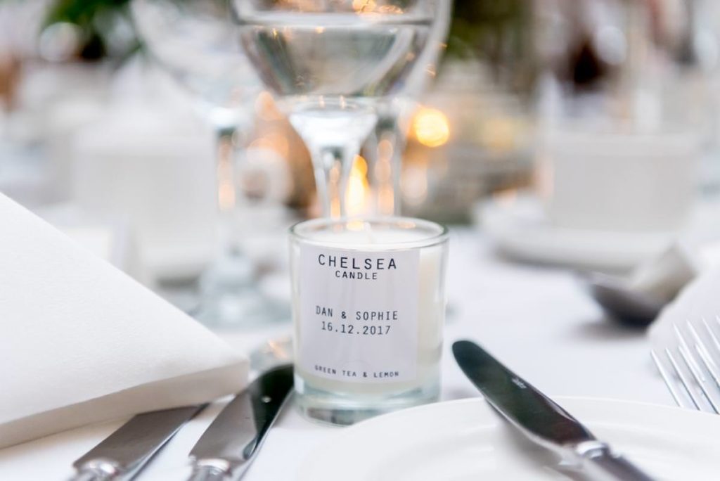 Personalised white candle wedding favour