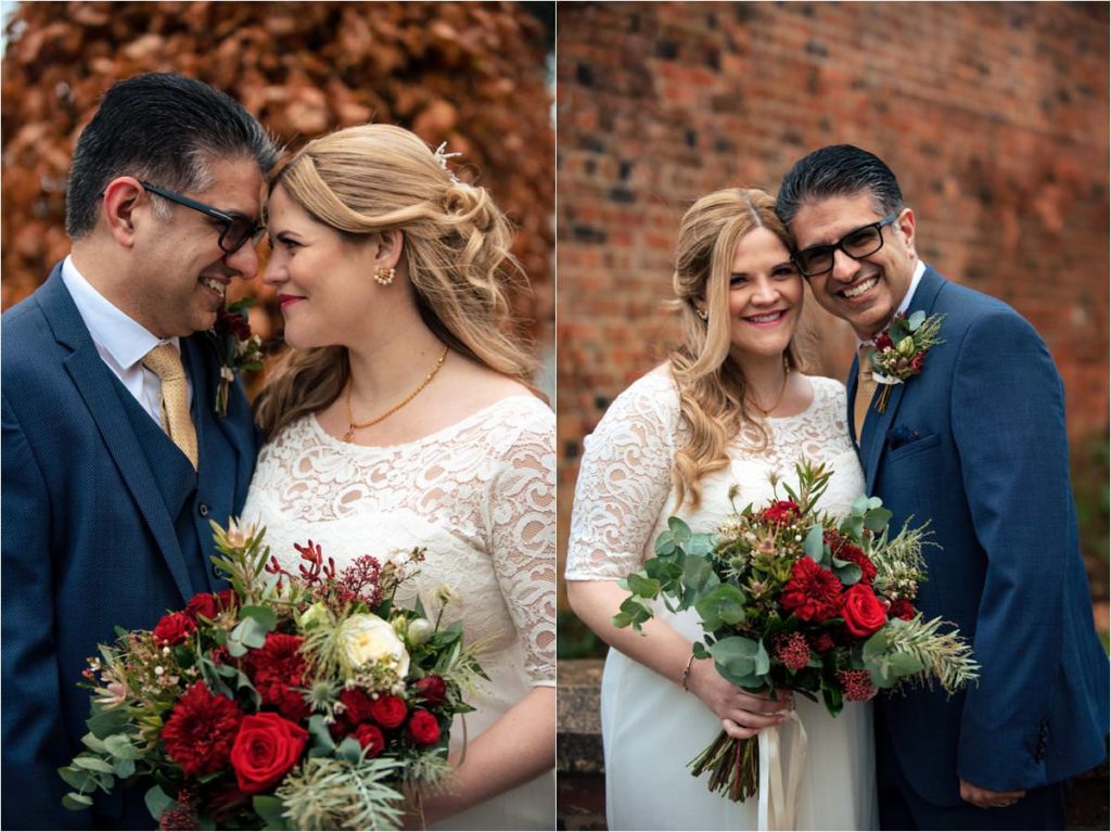 A bride and groom smile for couple portraits at the St Albans Registry Office.