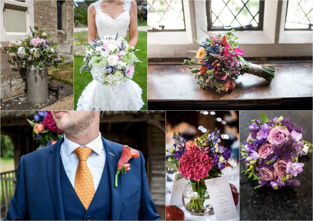 collage of summer themed wedding flower arrangements.