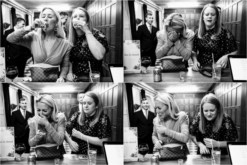 Two female wedding guests drink shots at the bar then react to the alcohol taste