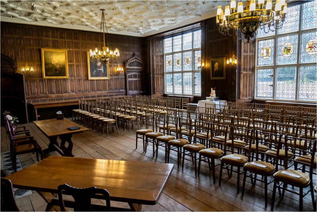 Rothamsted Manor Great Hall set up for wedding ceremony
