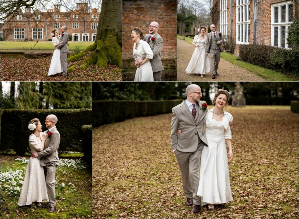 Collage of wedding couple photos in the grounds at Rothamsted Manor in Harpenden, Hertfordshire