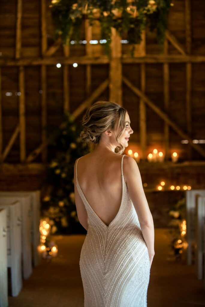 Bridal portrait in the barn at Milling Barn