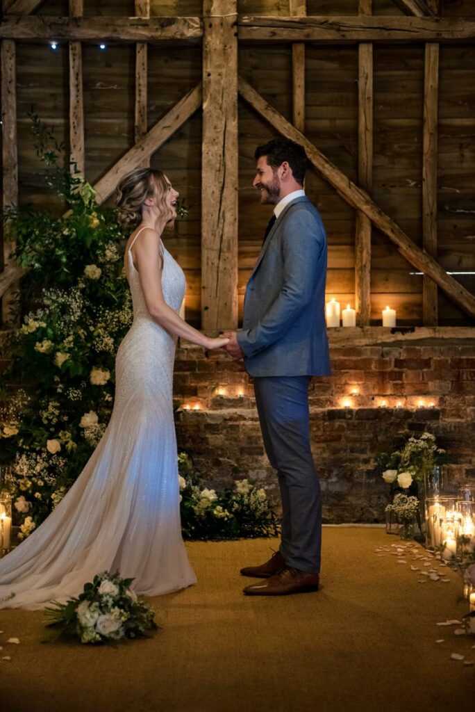 Bride and groom exchange vows at Milling Barn