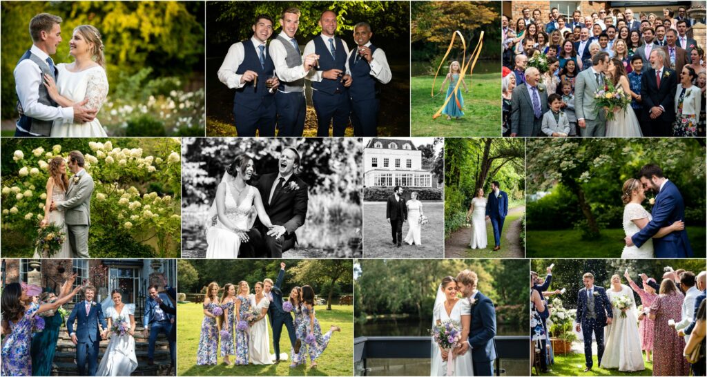 Large collage of wedding photos of couples, guest shots and formal group photos from various weddings at St Michael's Manor Hotel, St Albans