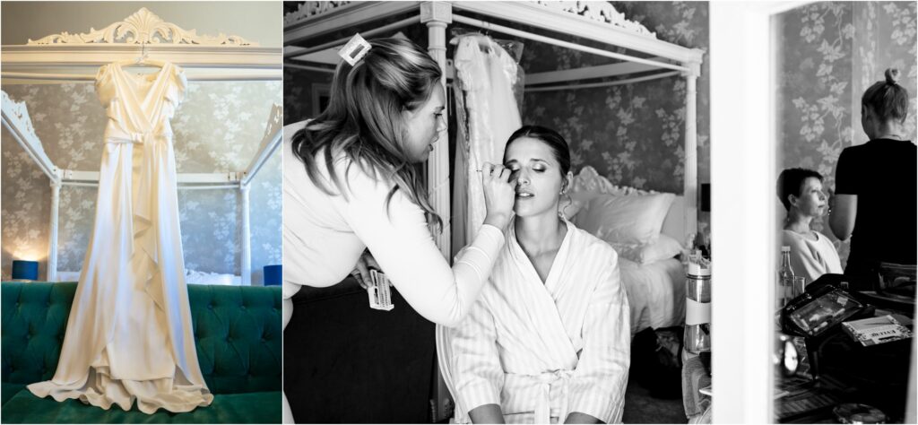Wedding dress hangs from four poster bed and bride gets her wedding makeup done in photo collage in bridal suite at St Michael's Manor Hotel in St Albans