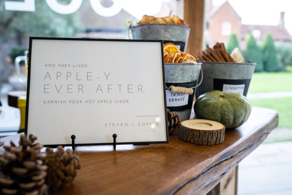 Hot apple cider wedding bar at Coltsfoot wedding venue Hertfordshire