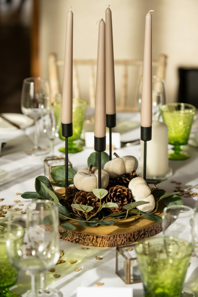 Taupe and green table scape with mini pumpkins at Coltsfoot wedding venue Hertfordshire