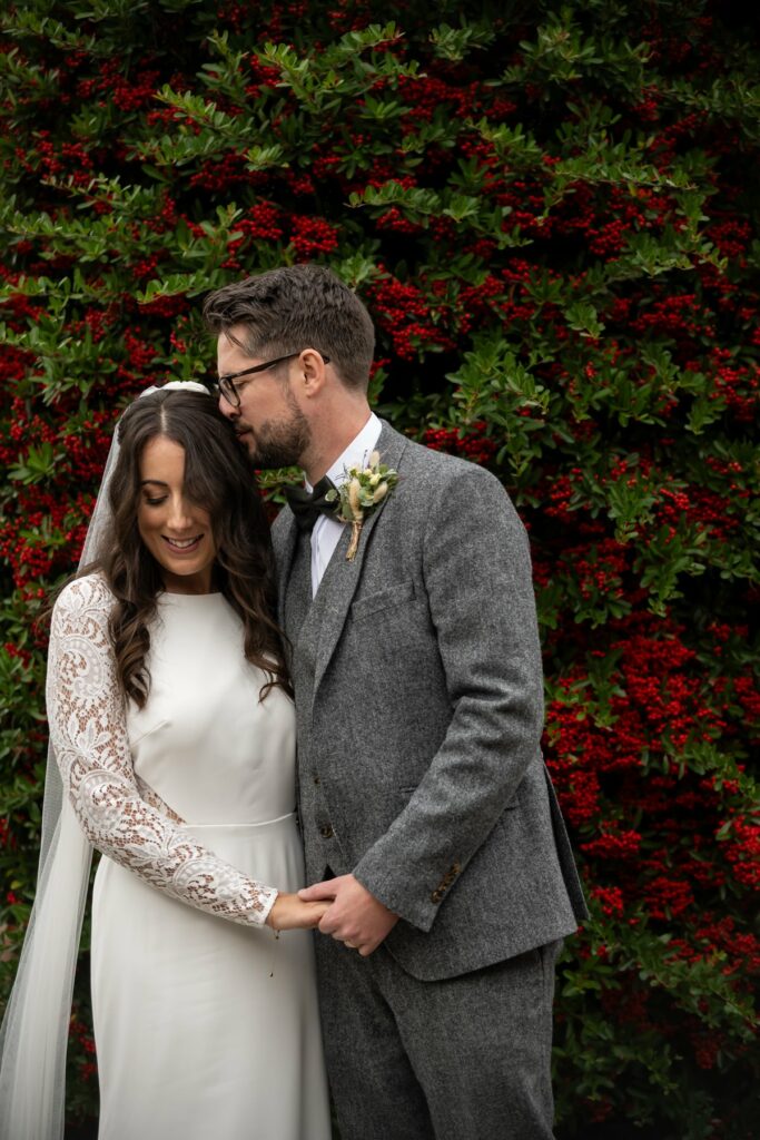 Bride and groom in winter at Coltsfoot wedding venue Hertfordshire