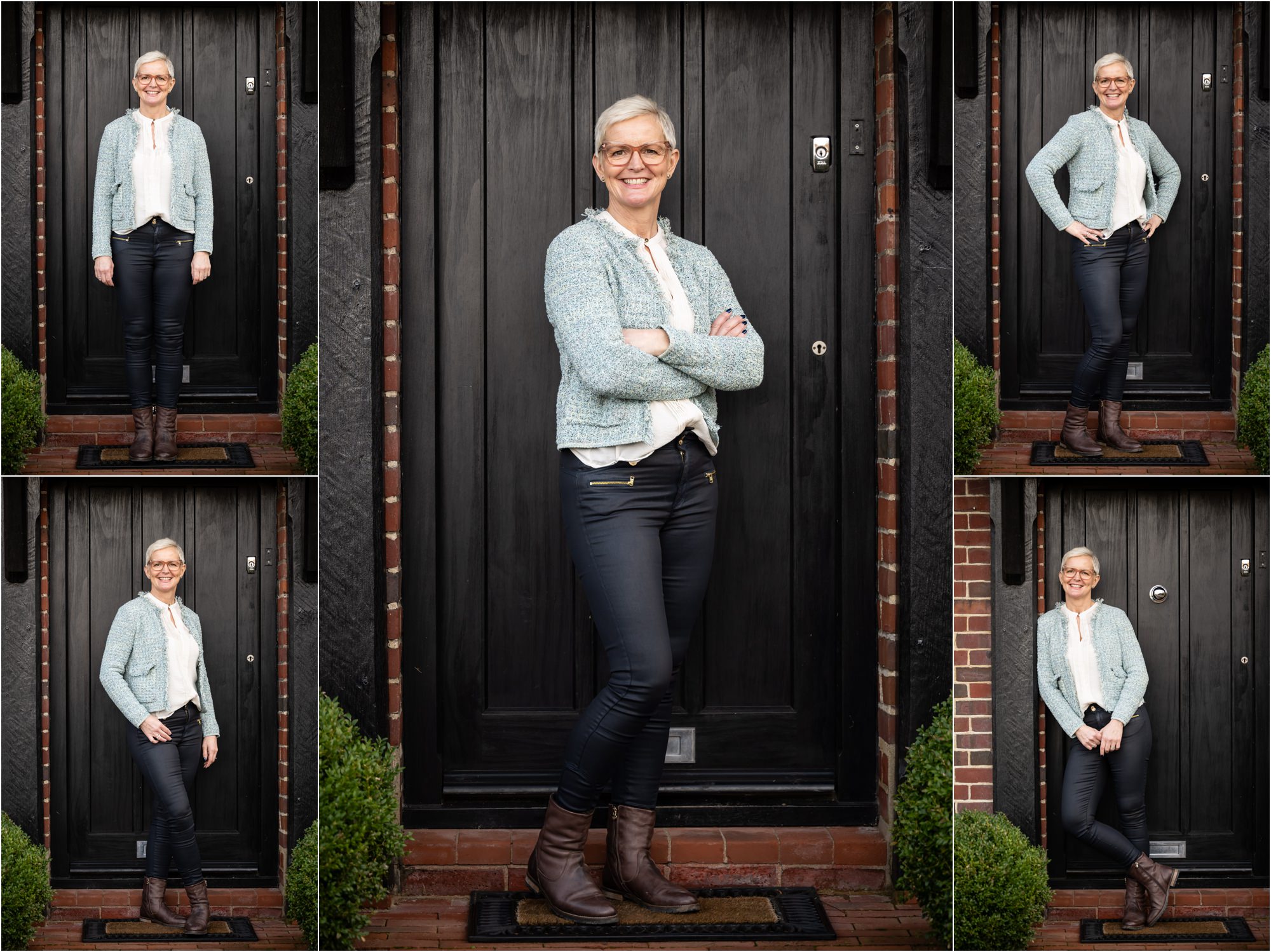 Collage of photos showing how to stand in a flattering way in series of photos on personal branding shoot