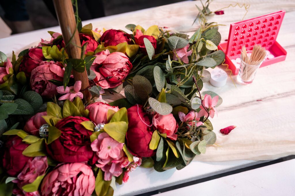 Pink peony wedding flower decorations and wedding table games
