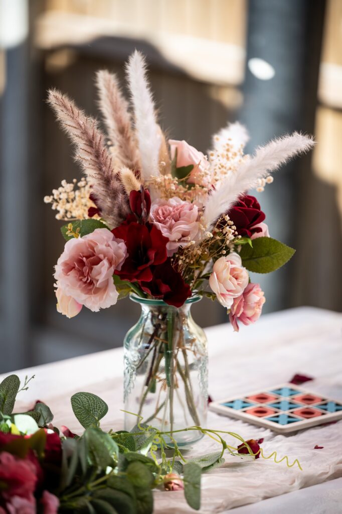 Pampas grass and pink flower table wedding decorations