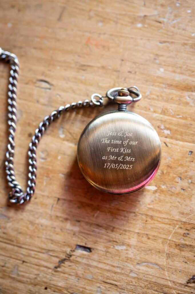 Thoughtful wedding gift of engraved pocket watch for bride and groom