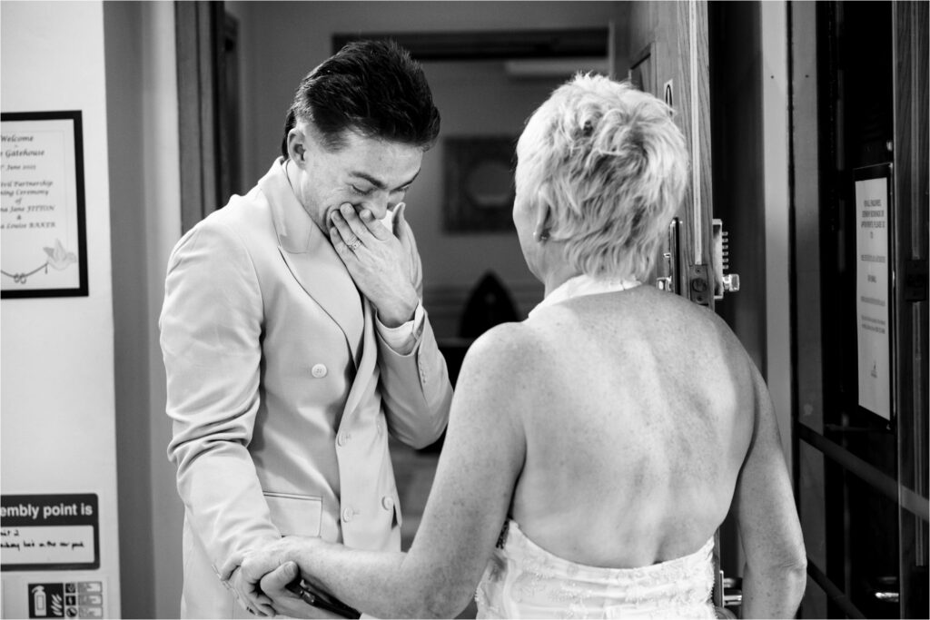 Emotional son greets mum on arrival at her civil partnership ceremony.